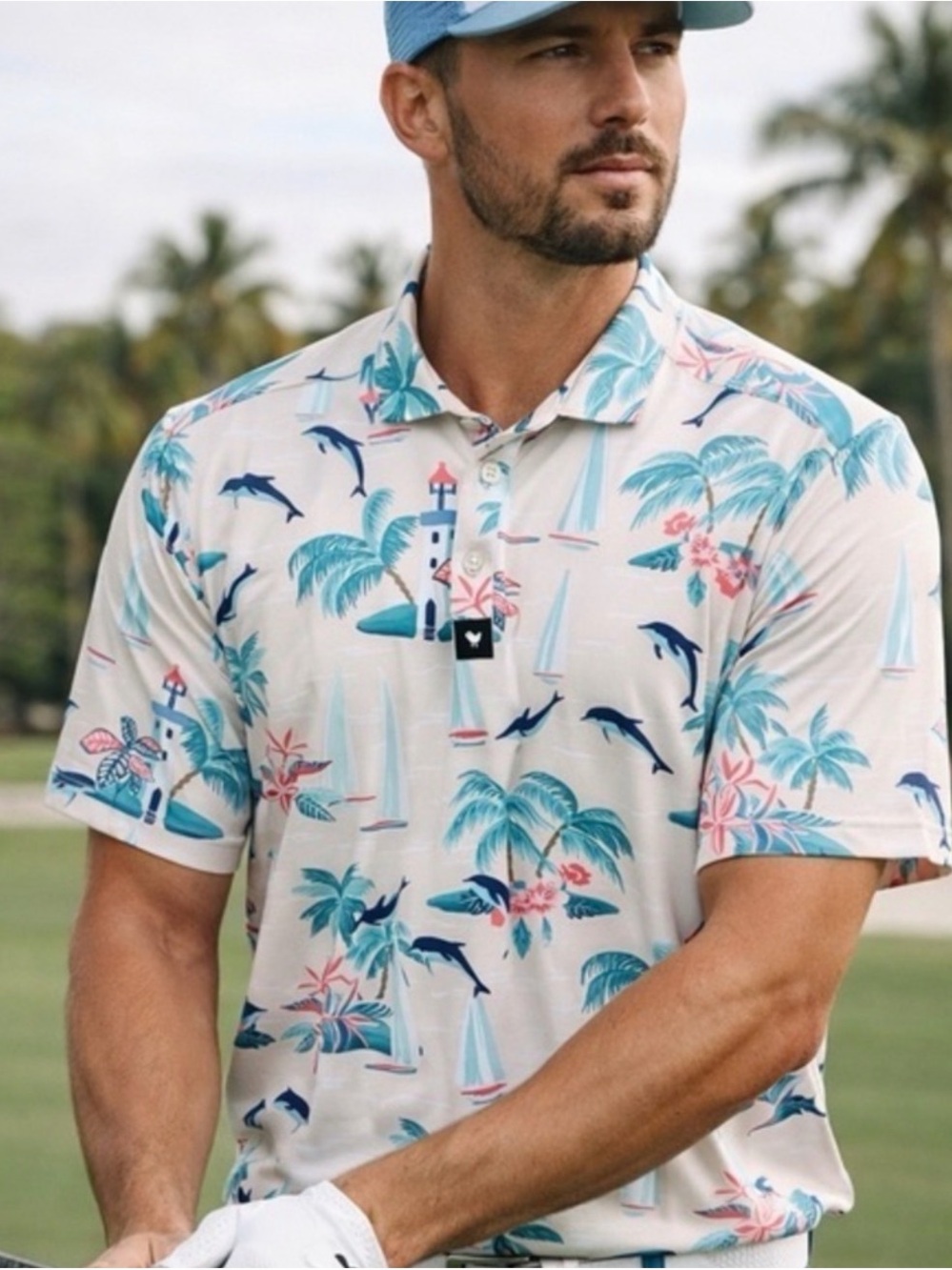 Bad Birdie Shirt Mens XLarge Performance Golf Polo The Marino Pink Blue Dolphins